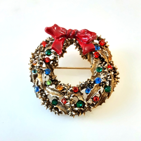 VTG ARTHUR PEPPER SIGNED ENAMEL RHINESTONE FROSTED WREATH BROOCH - Picture 3 of 4
